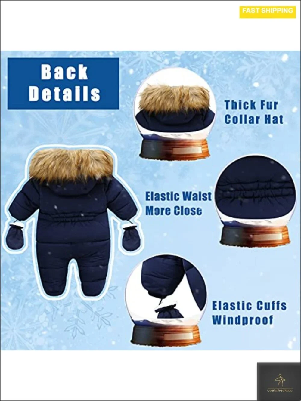 Baby Winter Snowsuit Hooded Romper Double Zipper Fur Collar Warm Jumpsuit 6-24
